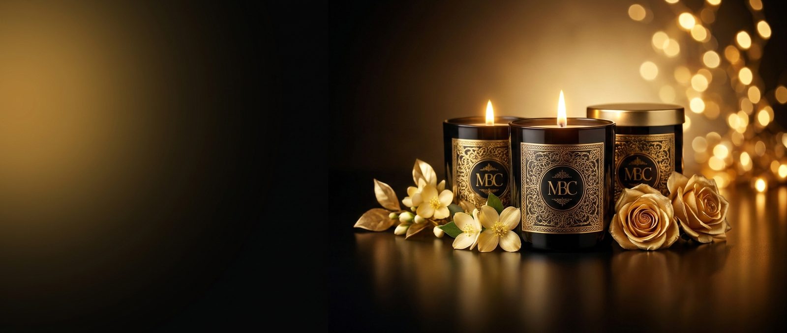 Velas aromáticas em potes pretos com rótulo dourado MBC, flores douradas e luz de velas
