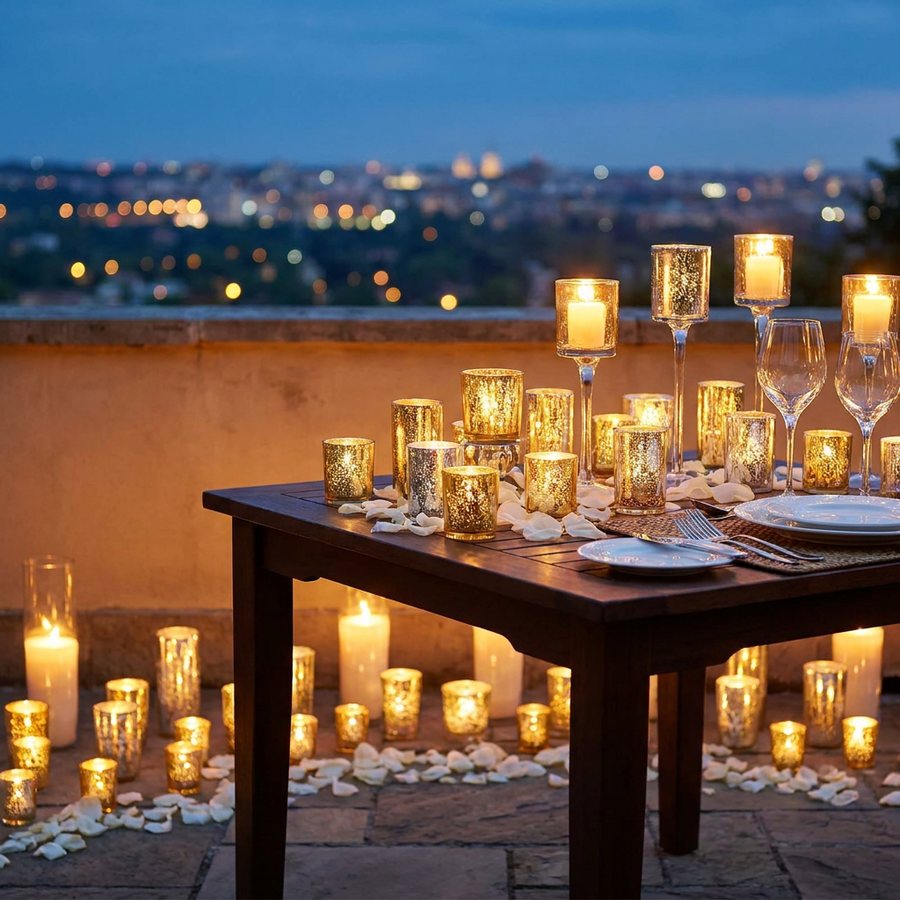 Jantar romântico num terraço ao entardecer, com dezenas de velas em copos dourados e prateados