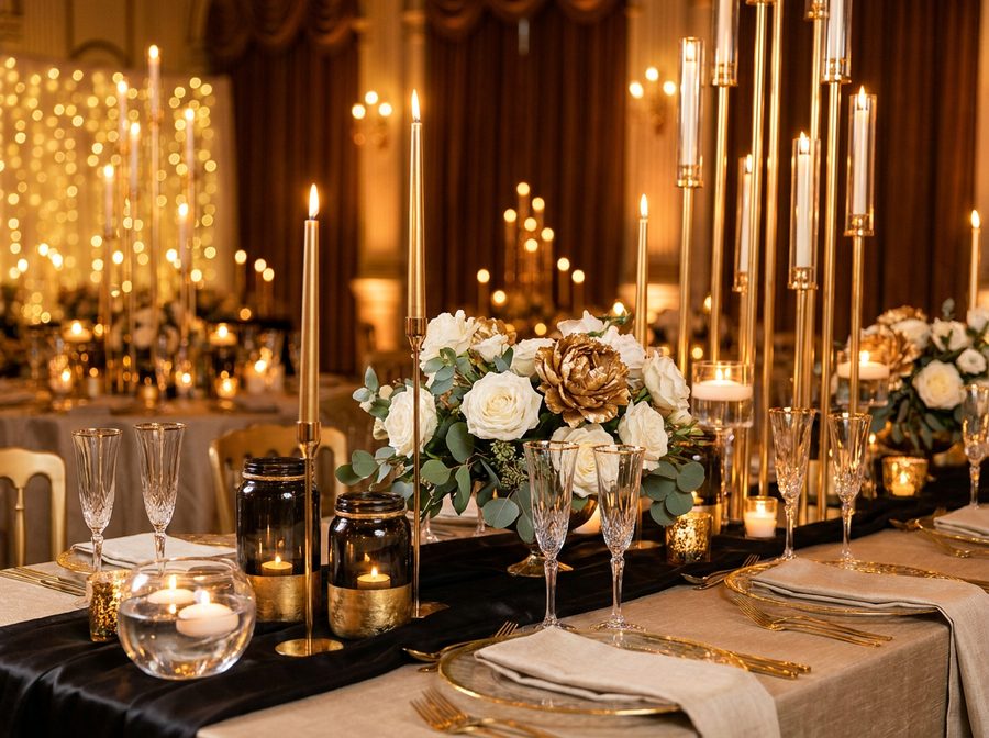 Mesa de evento decorada com velas douradas e rosas brancas
