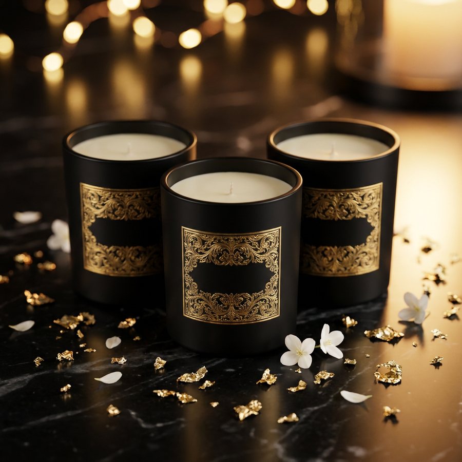 Três velas em potes pretos com rótulo dourado sobre mármore preto com folhas de ouro