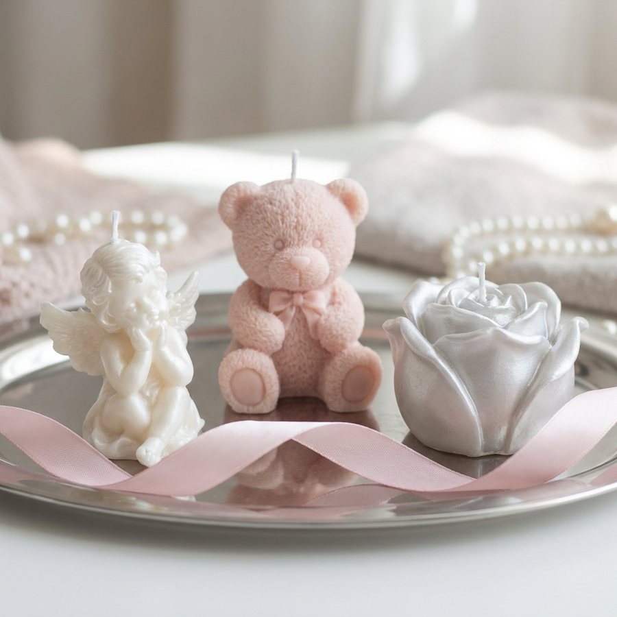 Velas de anjo perolado, ursinho rosa e rosa prateada numa bandeja de prata com fita rosa