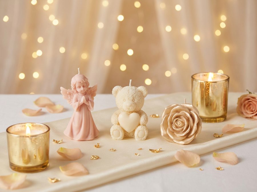 Velas decorativas de anjo, ursinho e rosa em tons de rosa e dourado